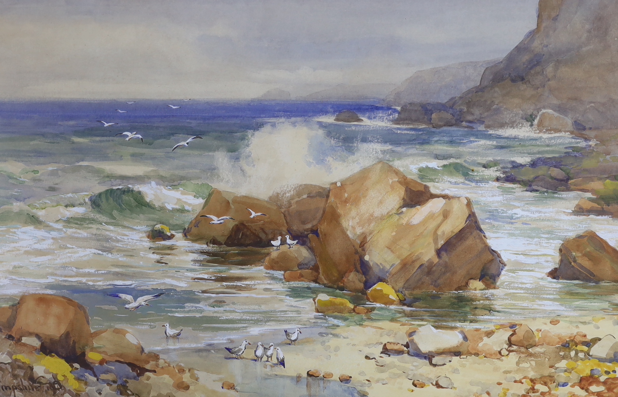 E.L. Hampshire (1919), pair of heightened watercolours, 'The Sunny Cornwall Coast' and 'Stormy Weather, on the Manx coast', 50 x 32cm